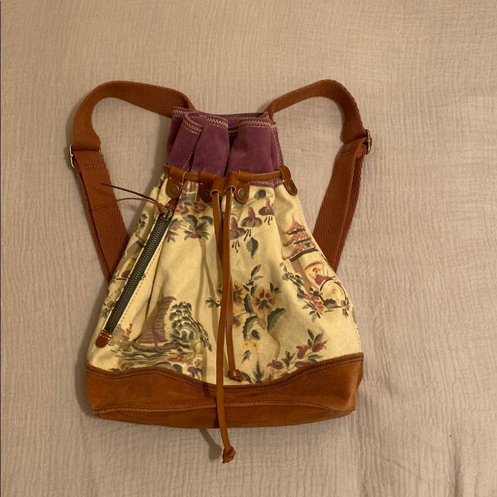 Lucky Brand Canvas Floral Drawstring Backpack - Purple and Tan